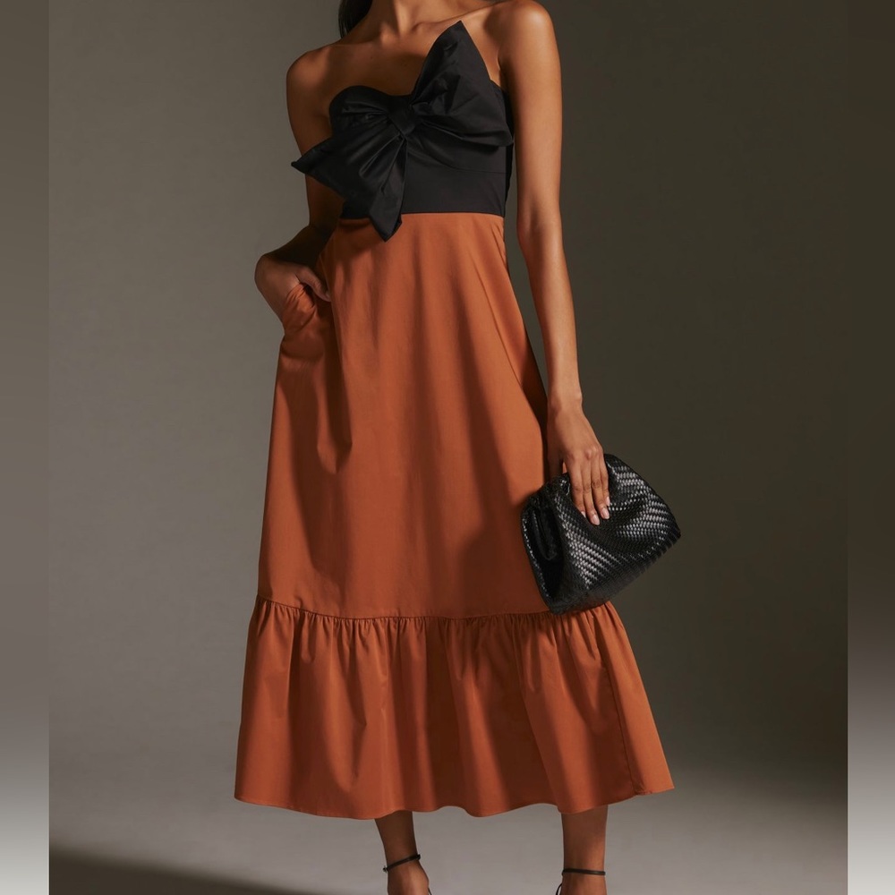 Anthropologie Hutch Strapless Bow Midi Dress in Black and Rust
